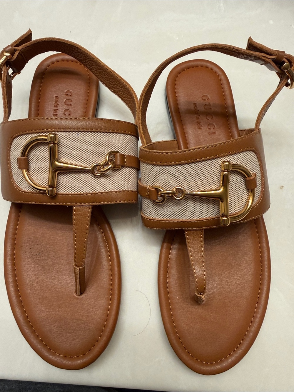 Gucci Brown Leather and Canvas Horsebit Thong Sandals